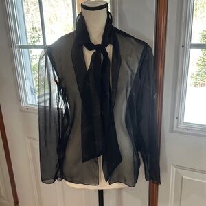 Vintage The French Fact Sheer Black Tie-Neck Blouse